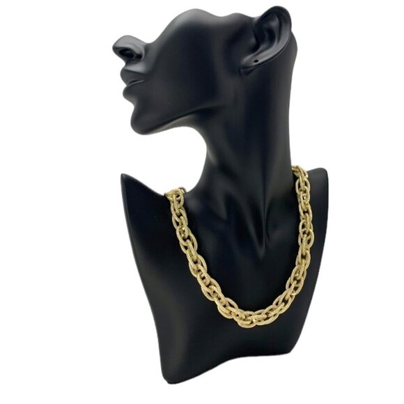 Chunky Gold Plated Chain Necklace Textured Link Elegant 19” Long Statement - Picture 4 of 8